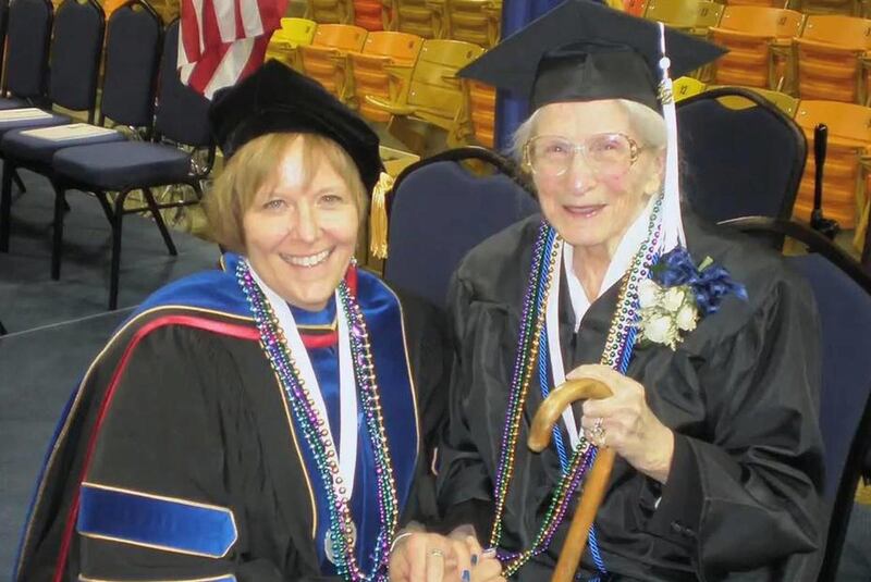 Twila Boston, right, received her bachelor's degree in American studies Saturday from Utah State University. At 98, she is the university's oldest graduate on record.