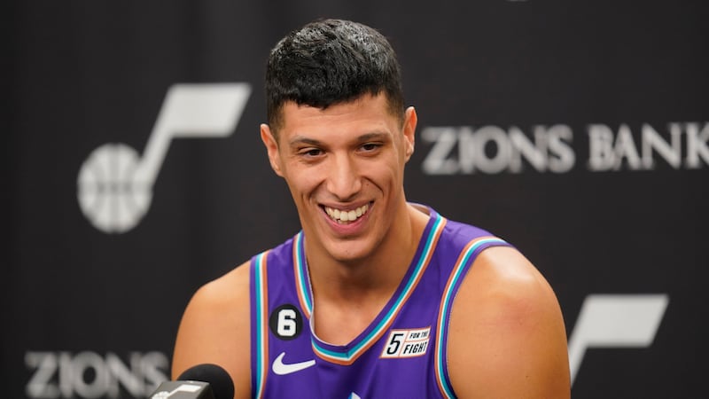 Utah Jazz’s Simone Fontecchio , wearing purple, speaks