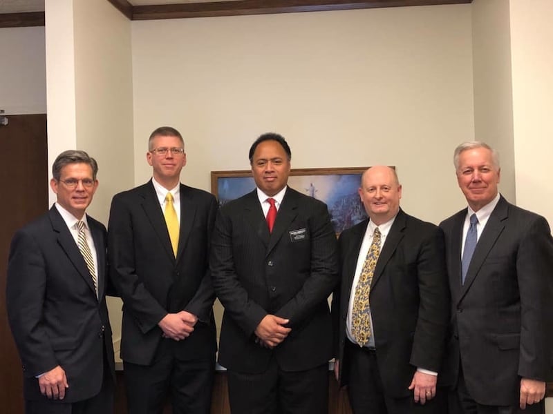 The Annapolis Maryland Stake Presidency was reorganized on Jan. 20, 2019. From left, Area Seventy Elder Milan F. Kunz, first counselor President Jay Sweany, President Ken Niumatalolo, second counselor President Troy Corbett, Elder Kevin S. Hamilton, a Gen