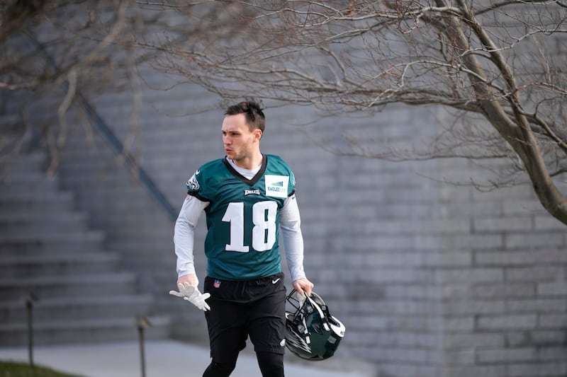 Philadelphia Eagles’ Britain Covey walks to practice at the NFL football team’s training facility, Friday, Feb. 3, 2023, in Philadelphia.