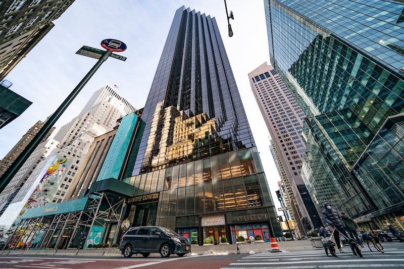 Security barricades are pictured in front of Trump Tower, Wednesday, Feb. 17, 2021, in New York.
