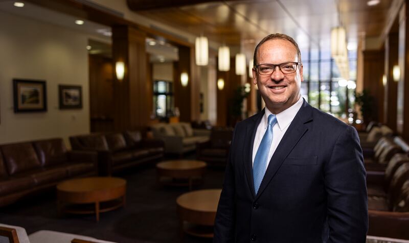 The new dean of the BYU law school, David H. Moore, poses for a photo at the law school in 2023.