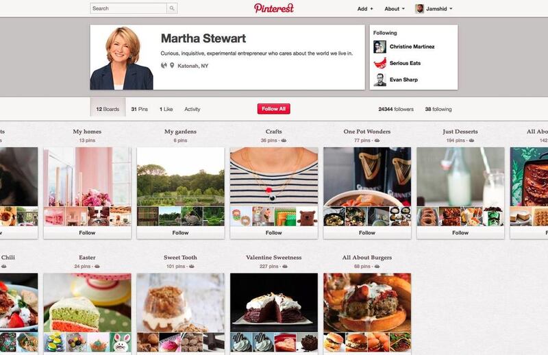 A screenshot of Martha Stewart's Pinterest profile page.