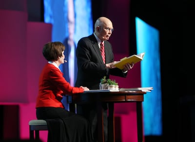 President Dallin H. Oaks,  first counselor in the First Presidency of The Church of Jesus Christ of Latter-day Saints, and his wife, Kristen Oaks, speak at RootsTech in Salt Lake City on Saturday, March 3, 2018.