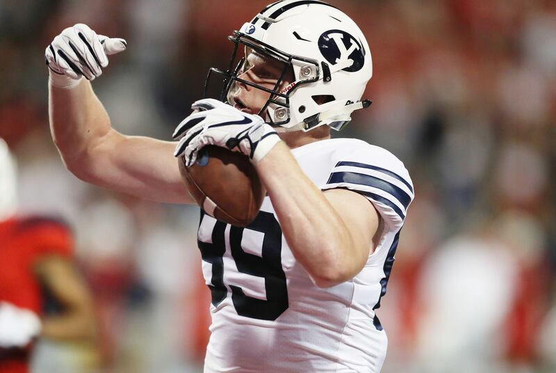 Brigham Young Cougars tight end Matt Bushman (89) celebrates his touchdown against the Arizona Wildcats in Tucson, Arizona, on Saturday, Sept. 1, 2018.