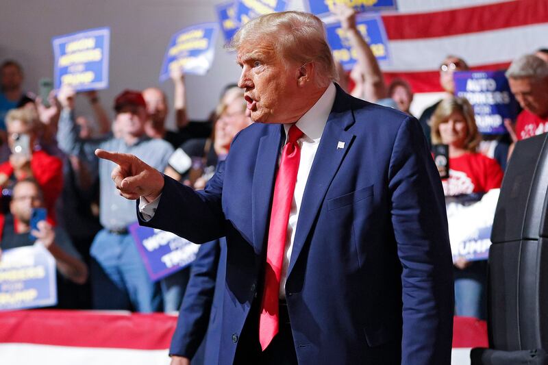 Former President Donald Trump speaks in Clinton Township, Mich.