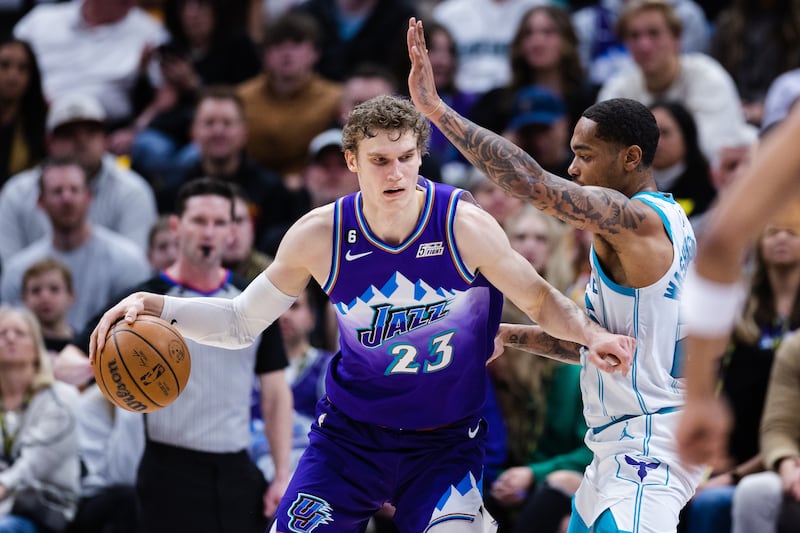 Utah Jazz forward Lauri Markkanen (23) posts up during an NBA game at Vivint Arena in Salt Lake City on Monday, Jan. 23, 2023.