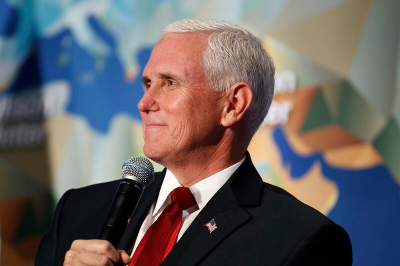Vice President Mike Pence discusses U.S. China relations Thursday, Oct. 24, 2019, at the Wilson Center’s inaugural Frederic V. Malek Public Service Leadership Lecture, in Washington. (AP Photo/Jacquelyn Martin)