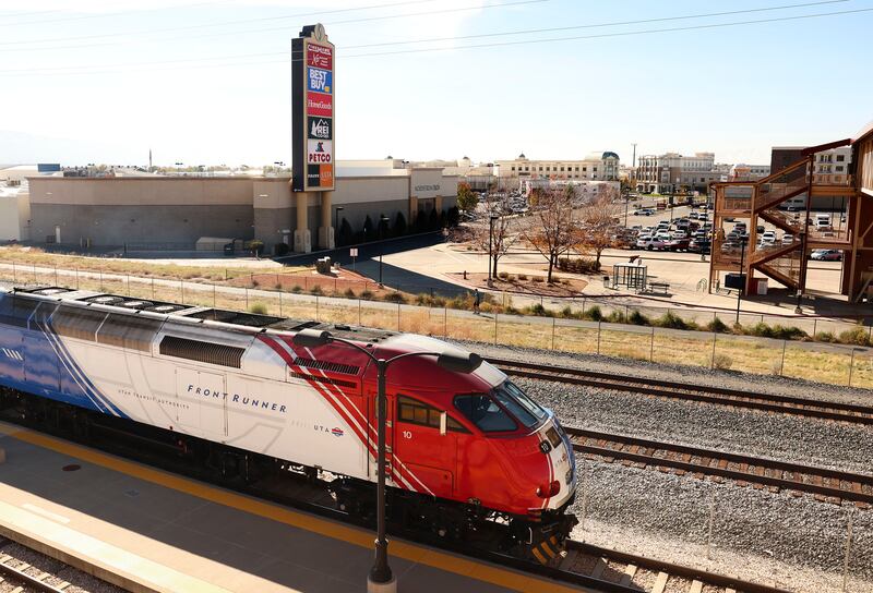 A FrontRunner train pulls out of the Station Park stop in Farmington on Oct. 31, 2022.