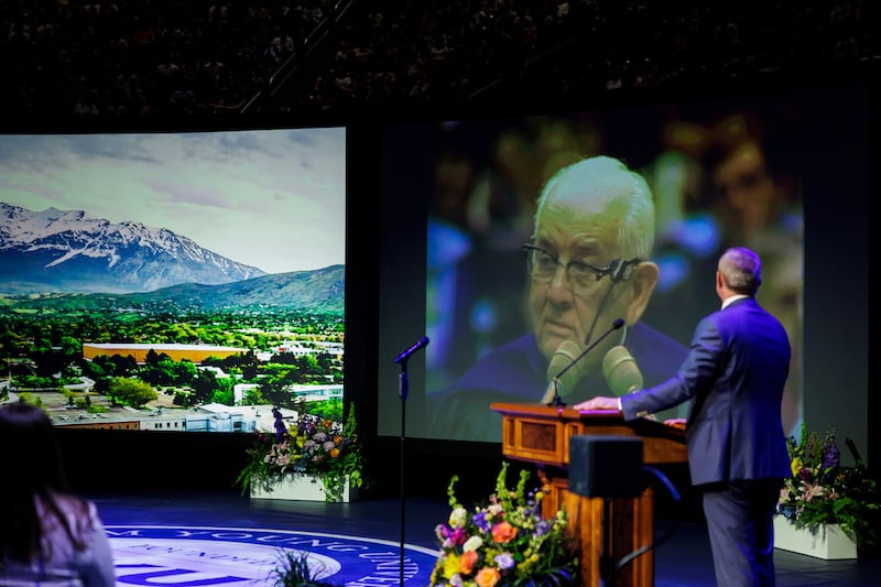 BYU vice president Keith Vorkink shows a video of President Spencer W. Kimball at BYU's Sesquicentennial Kickoff devotional.
