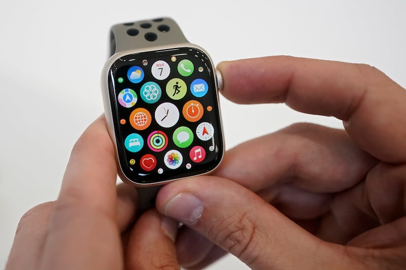 A new Apple Watch SE is on display at an Apple event on the campus of Apple’s headquarters in Cupertino, Calif.