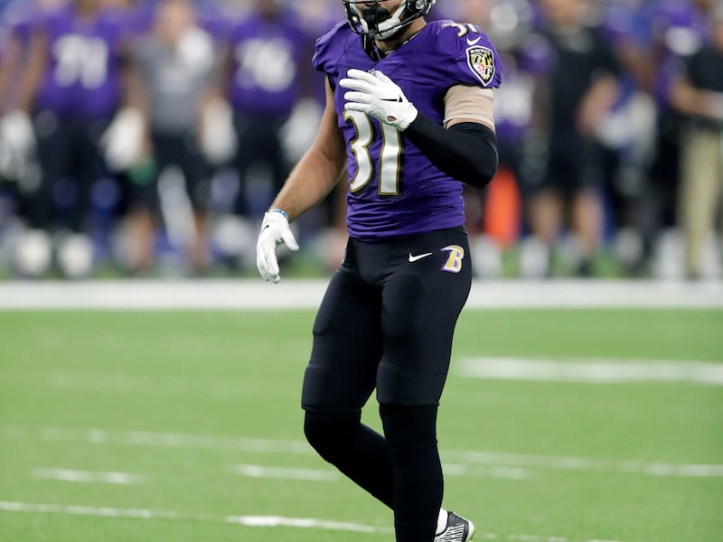 Baltimore Ravens defensive back Kai Nacua takes up his position during the second half of an NFL preseason football game against the Indianapolis Colts in Indianapolis, Monday, Aug. 20, 2018. (AP Photo/Michael Conroy)