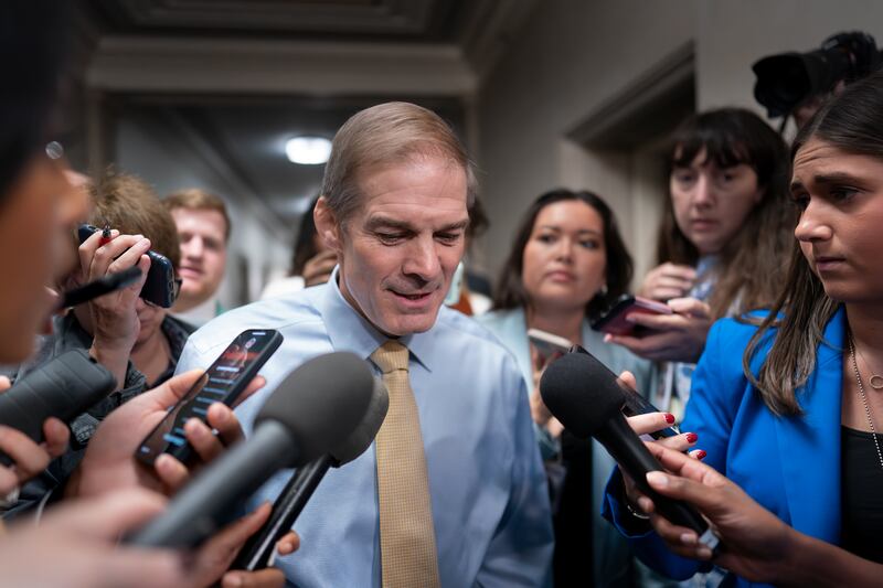 Rep. Jim Jordan, R-Ohio, talks with reporters as House Republicans meet again behind closed doors to find a path to elect a new speaker after House Majority Leader Steve Scalise, R-La., dropped out of the race on Oct. 13, 2023.
