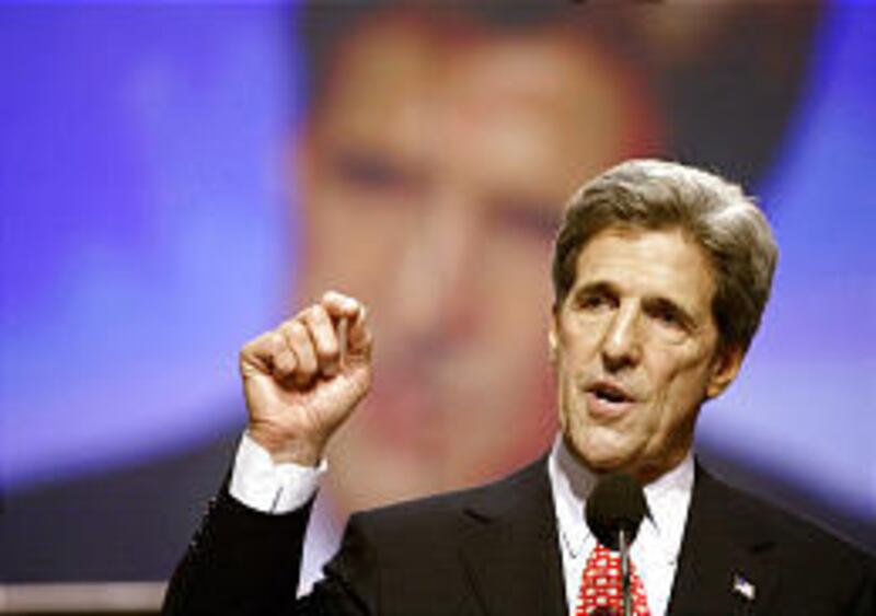 Democratic presidential nominee John Kerry speaks to delegates at the FleetCenter in Boston, Thursday.