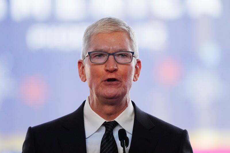 Apple CEO Tim Cook speaks in front of the new Taiwan Semiconductor Manufacturing Company facility under construction in Phoenix, Tuesday, Dec. 6, 2022.