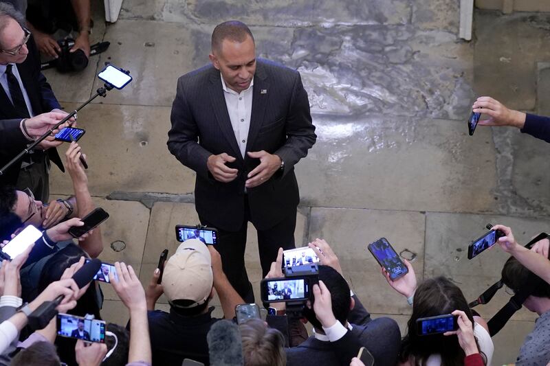 Democratic Caucus Chair Rep. Hakeem Jeffries, D-N.Y., speaks with reporters on Capitol Hill in Washington.