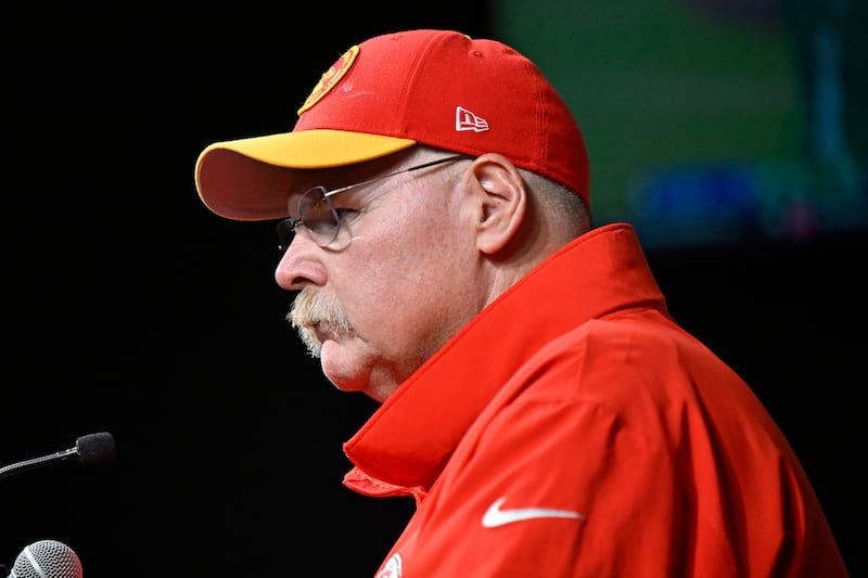 Kansas City Chiefs head coach Andy Reid speaks during a news conference after an NFL football game against the Las Vegas Raiders on Nov. 26, 2023, in Las Vegas.