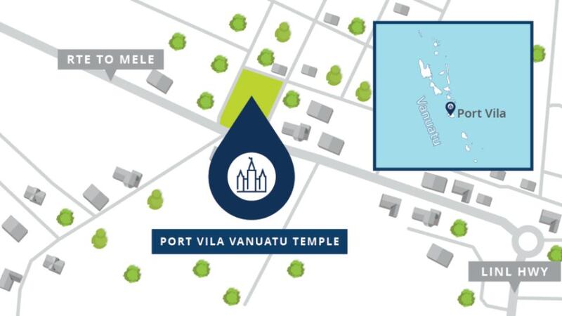 A map shows the location of the Port Vila Vanuatu Temple.