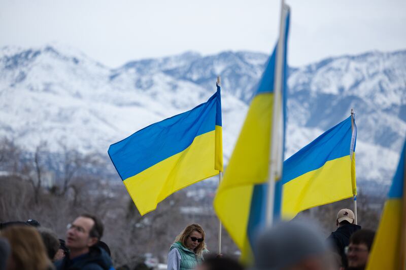 Ukrainian flags were on display during a rally commemorating the one-year anniversary of the Ukraine-Russia war, at the Capitol in Salt Lake City on Saturday, Feb. 25, 2023.