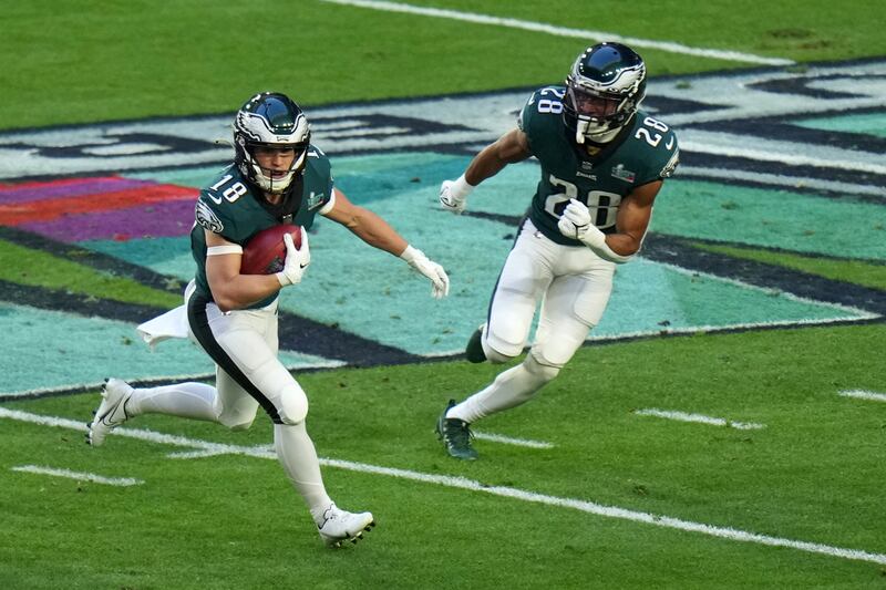 Philadelphia Eagles wide receiver Britain Covey runs down field against Kansas City Sunday, Feb. 12, 2023, in Glendale, Ariz.