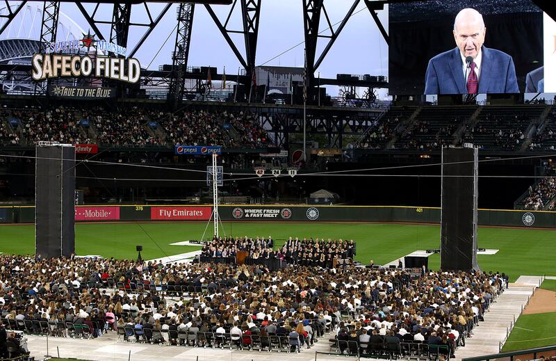 President Russell M. Nelson, of The Church of Jesus Christ of Latter-day Saints, speaks to a crowd of more than 49,000 people at Safeco Field in Seattle, Wash., on Saturday, Sept. 15, 2018.