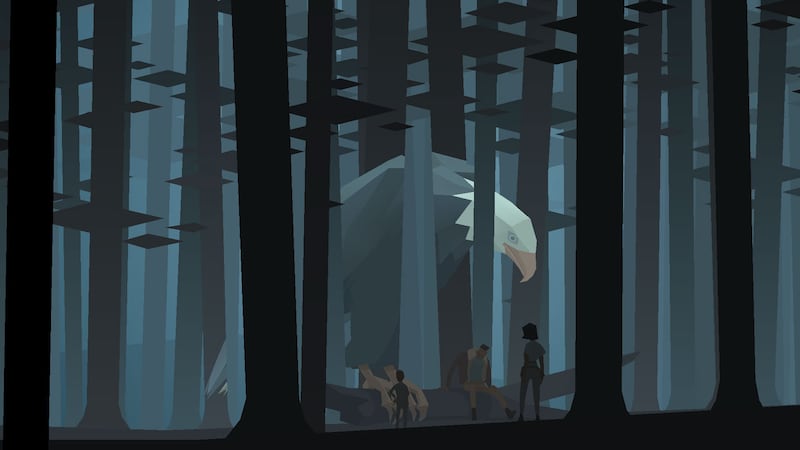  A giant eagle rests in a forest in this screenshot from “Kentucky Route Zero.”