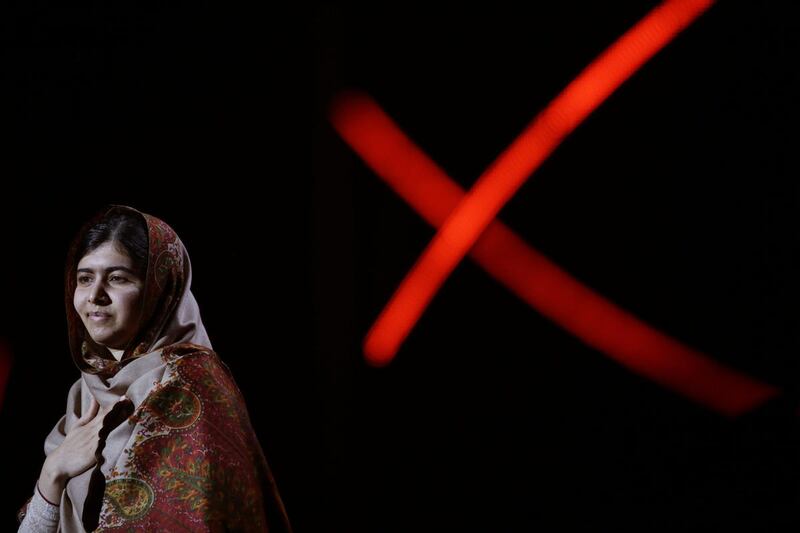 Joint-Nobel Peace Prize winner Malala Yousafzai from Pakistan arrives to speak on stage during the Nobel Peace Prize Concert in Oslo, Norway, Thursday, Dec. 11, 2014.