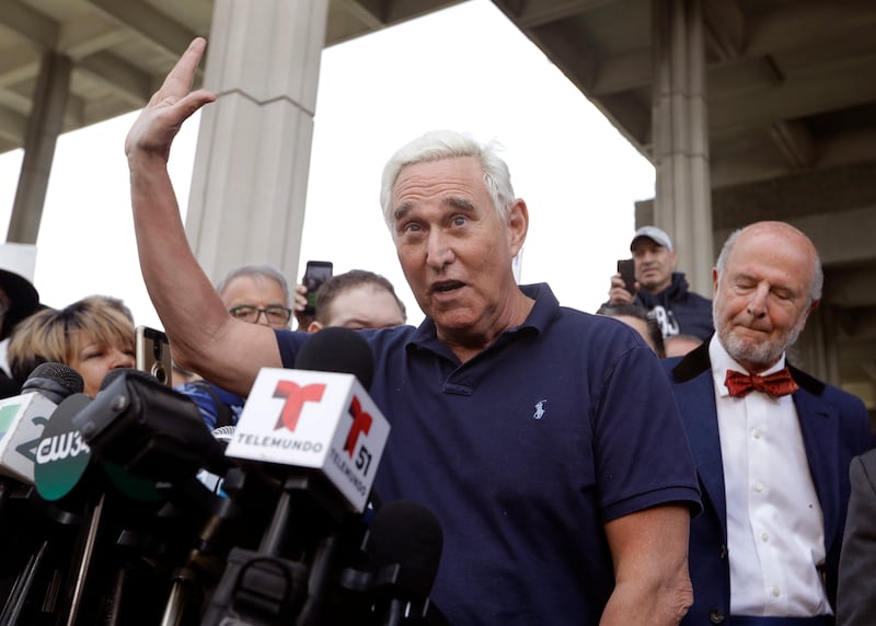 Roger Stone, a confidant of President Donald Trump, speaks outside of the federal courthouse following a hearing, Friday, Jan. 25, 2019, in Fort Lauderdale, Fla. Stone was arrested Friday in the special counsel's Russia investigation and was charged with