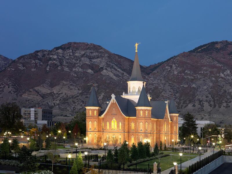 Provo City Center Temple at dusk in Provo, Utah.