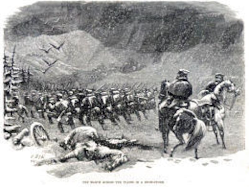 Illustration of Johnston's army caught in a snowstorm while traveling to Utah.