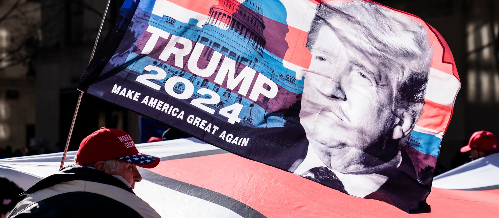 Protesters supporting former President Donald Trump march down Fifth Avenue in New York on March 5, 2021.