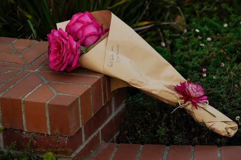 Flowers are shown outside the home of House Speaker Nancy Pelosi, whose husband was attacked and beaten last week.