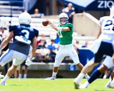 Quarterback Zach Wilson prepares to throw during BYU scrimmage Thursday, Aug. 16, 2018, at LaVell Edwards Stadium.