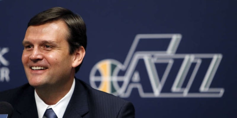Dennis Lindsey is introduced as the Utah Jazz general manager at the Zions Bank Basketball Center in Salt Lake City.
