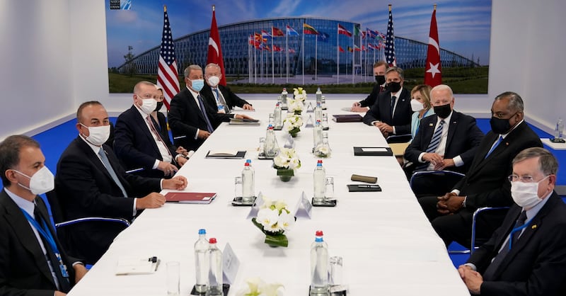 President Joe Biden, Turkish President Recep Tayyip Erdogan visit at NATO headquarters in Brussels.