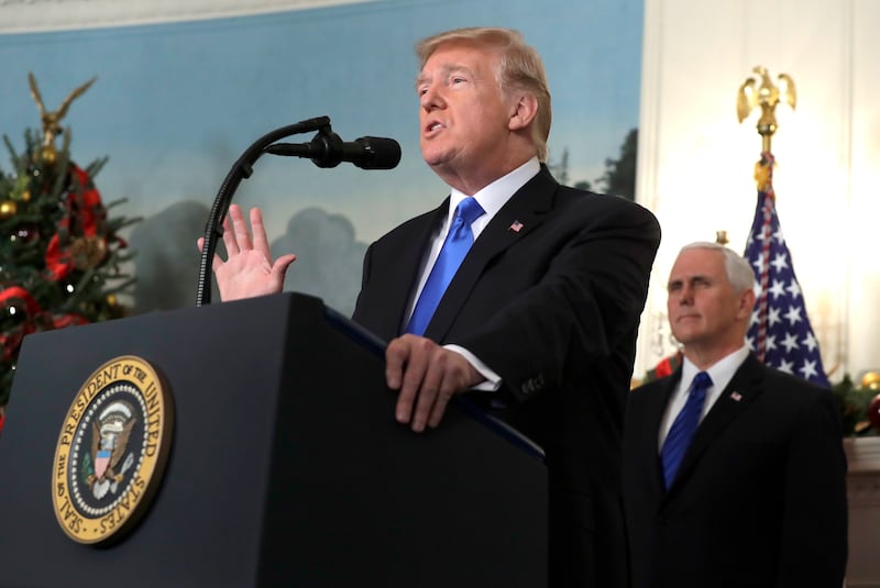 President Donald Trump speaks in the Diplomatic Reception Room of the White House, Wednesday, Dec. 6, 2017, in Washington. Trump recognized Jerusalem as Israel's capital despite intense Arab, Muslim and European opposition to a move that would upend decad