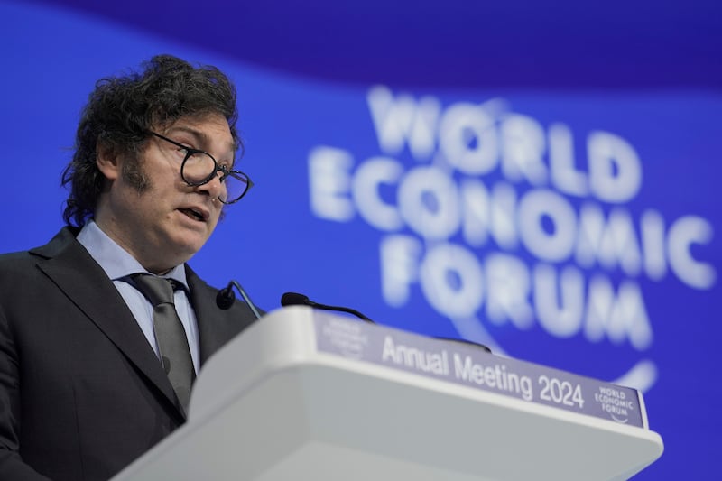 Argentina President Javier Milei speaks at the annual meeting of World Economic Forum in Davos, Switzerland, on Jan. 17, 2024