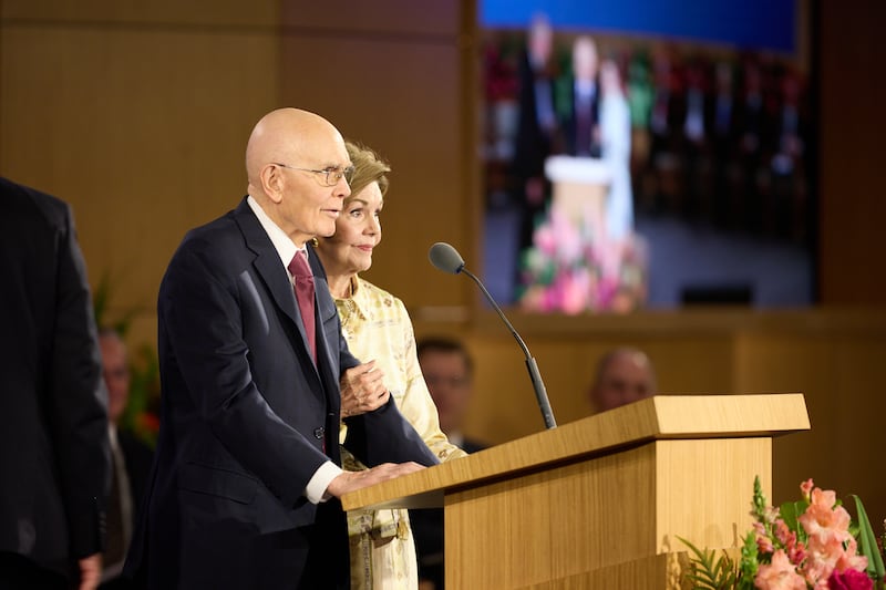 President Dallin H. Oaks stands with his wife, Sister Kristen Oaks at the Saturday, June 20, 2026, session of the Seminar for New Mission Leaders at the Provo Missionary Training Center in Provo, Utah.