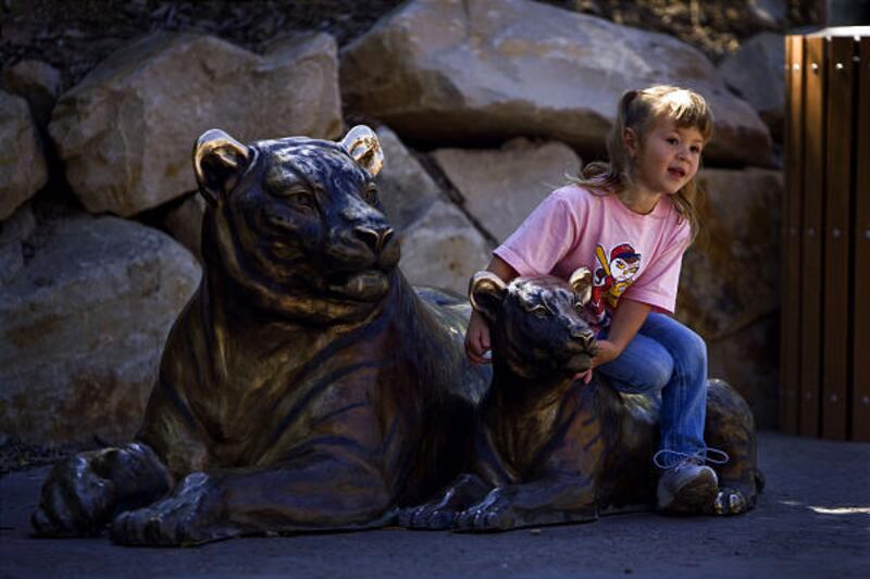 Four-year-old Paige Roads rests on a bronze tiger statue and looks around for her mother at Hogle Zoo on Tuesday.