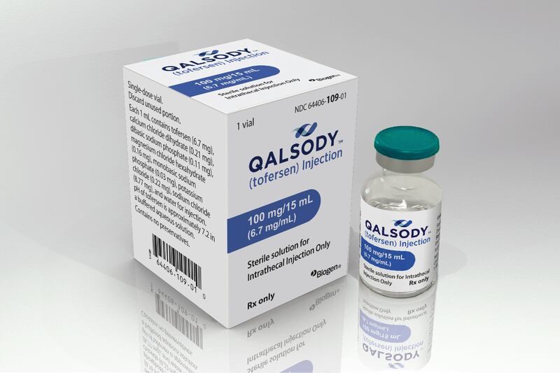 This image provided by Biogen shows the company’s drug Qalsody.