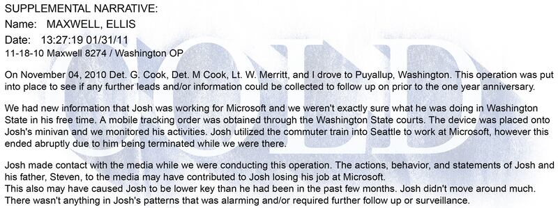 West Valley police detective Ellis Maxwell wrote this report about the failed Washington undercover operation in November 2010, without specifically mentioning his intent to introduce Josh Powell to a female undercover officer.