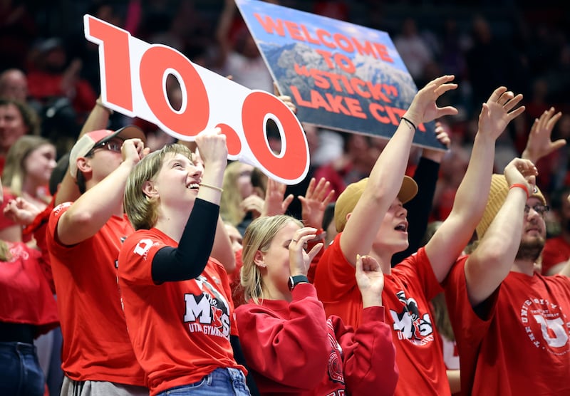 Utah Red Rocks fans react to Maile O’Keefe’s perfect 10.0 balance beam routine during a gymnastics meet against Cal.