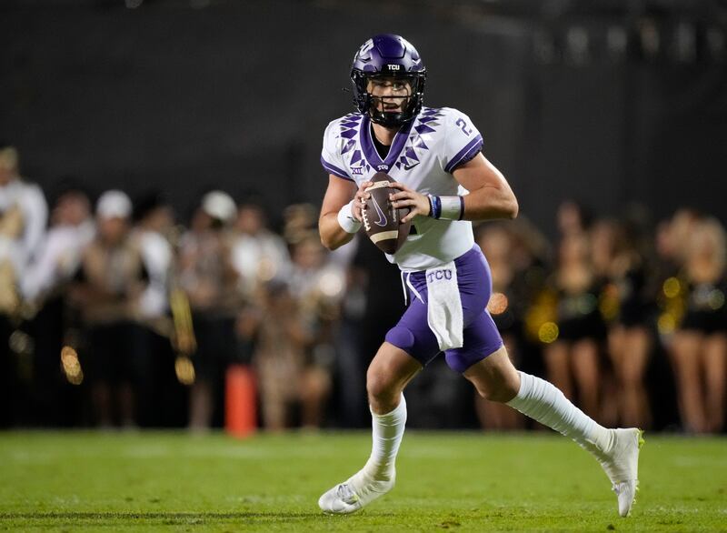 TCU quarterback Chandler Morris rolls out during season opener against Colorado on Friday, Sept. 2, 2022, in Boulder, Colo.