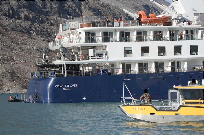 A view of the Ocean Explorer, a Bahamas-flagged Norwegian cruise ship with 206 passengers and crew, which has run aground in northwestern Greenland, on Sept. 12, 2023.