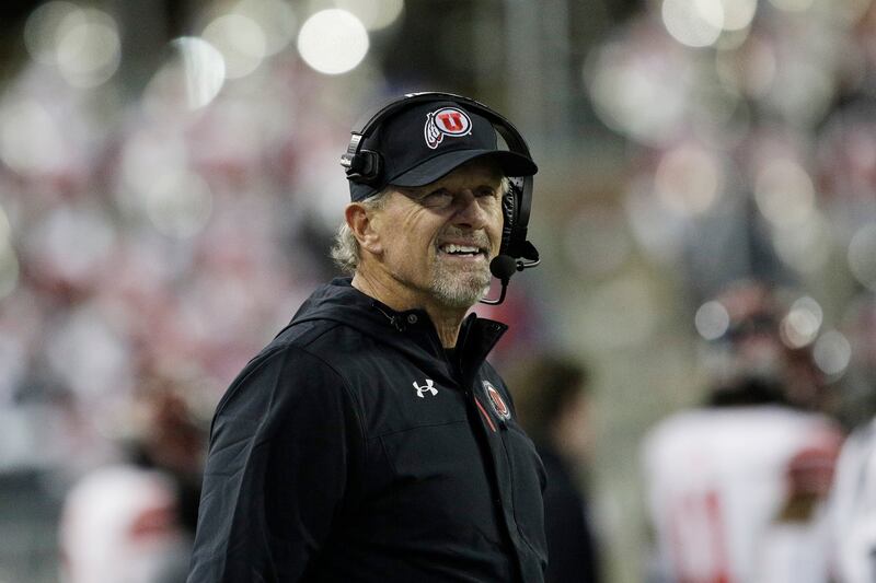 Utah coach Kyle Whittingham watches from the sideline during game against Washington State, Oct. 27, 2022, in Pullman, Wash.