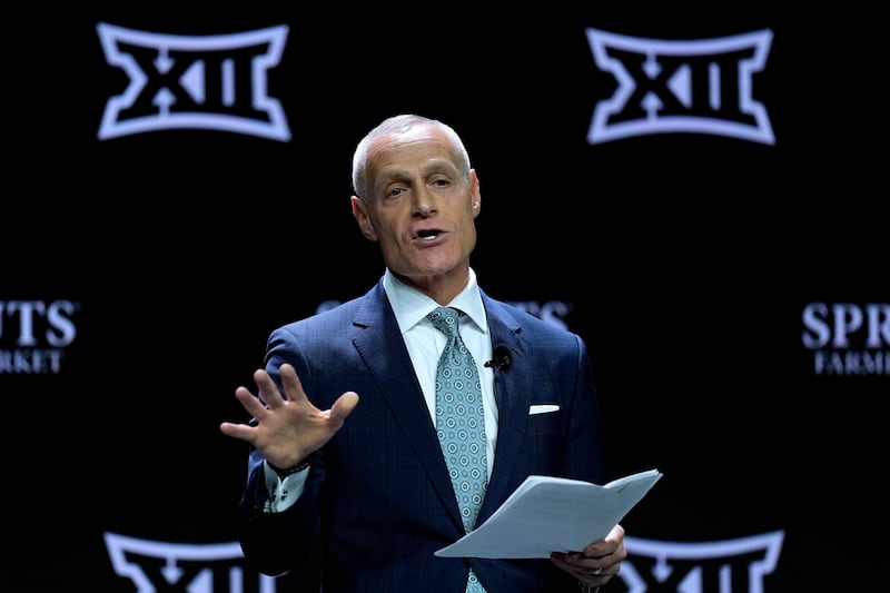 Big 12 Commissioner Brett Yormark addresses the media during the NCAA college Big 12 women's basketball media day, Tuesday, Oct. 22, 2024, in Kansas City, Mo.