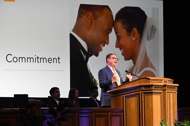 Brad Wilcox, a professor of sociology and the director of the National Marriage Project at the University of Virginia, speaks at a BYU Forum in Provo on Nov. 28, 2023.