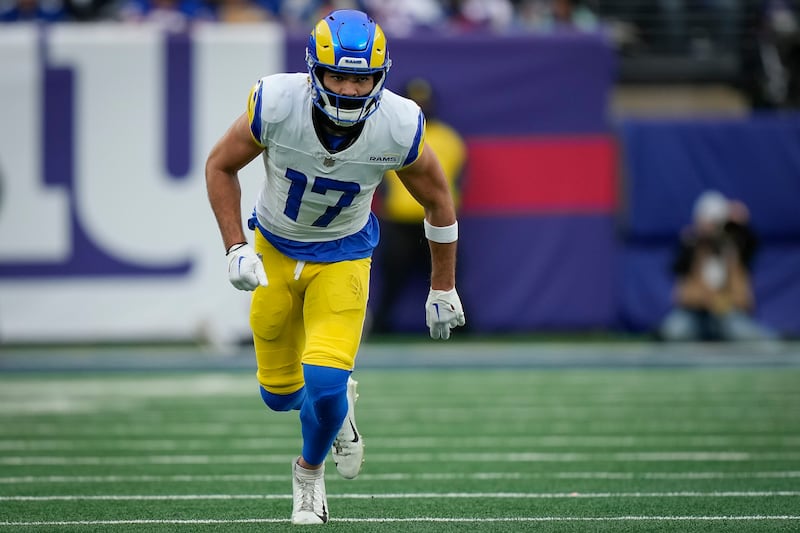 Los Angeles Rams wide receiver Puka Nacua (17) during an NFL football game against the New York Giants on Sunday, Dec. 31, 2023, in East Rutherford, N.J. (AP Photo/Bryan Woolston)