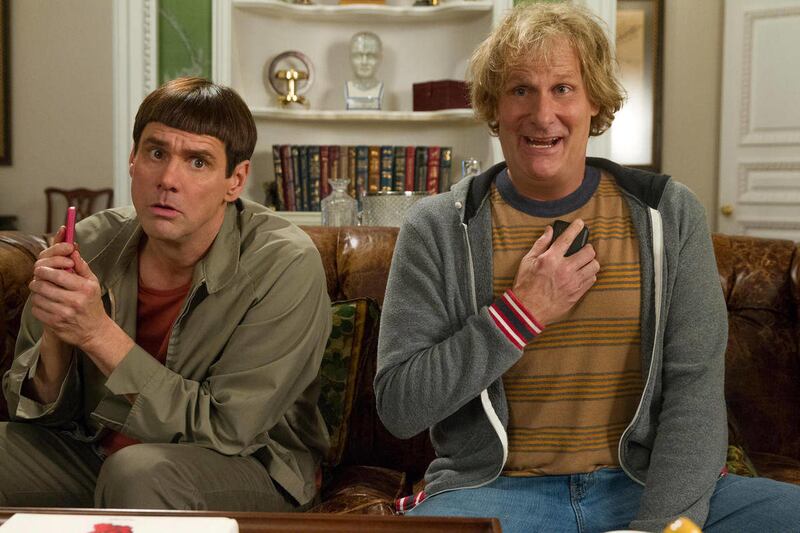 This image released by Universal Pictures shows Jim Carrey, left, and Jeff Daniels in a scene from "Dumb and Dumber To."