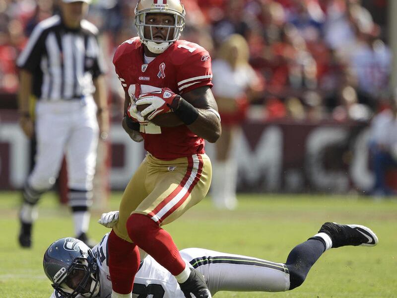 San Francisco 49ers wide receiver Braylon Edwards (17) runs away from Seattle Seahawks defensive back Marcus Trufant (23) in the fourth quarter of an NFL football game in San Francisco, Sunday, Sept. 11, 2011.